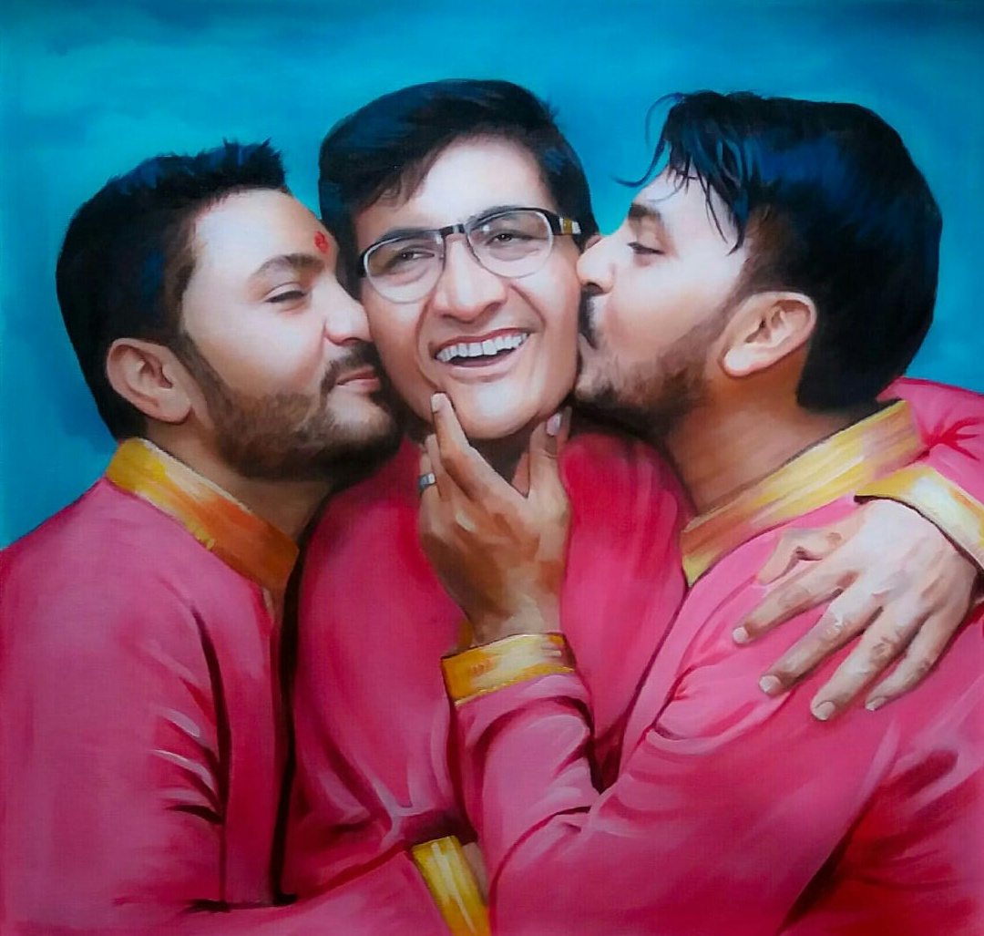 family oil portrait painting from photo, sons  kissing their father family photo to painting, 
