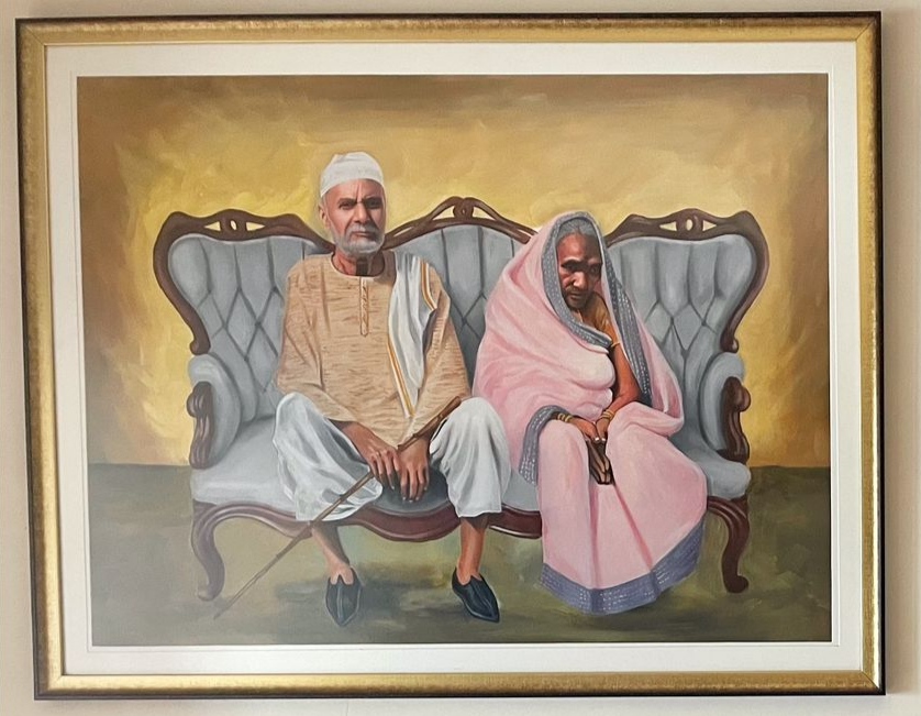 framed memorial oil painting of grandmother and grand father
