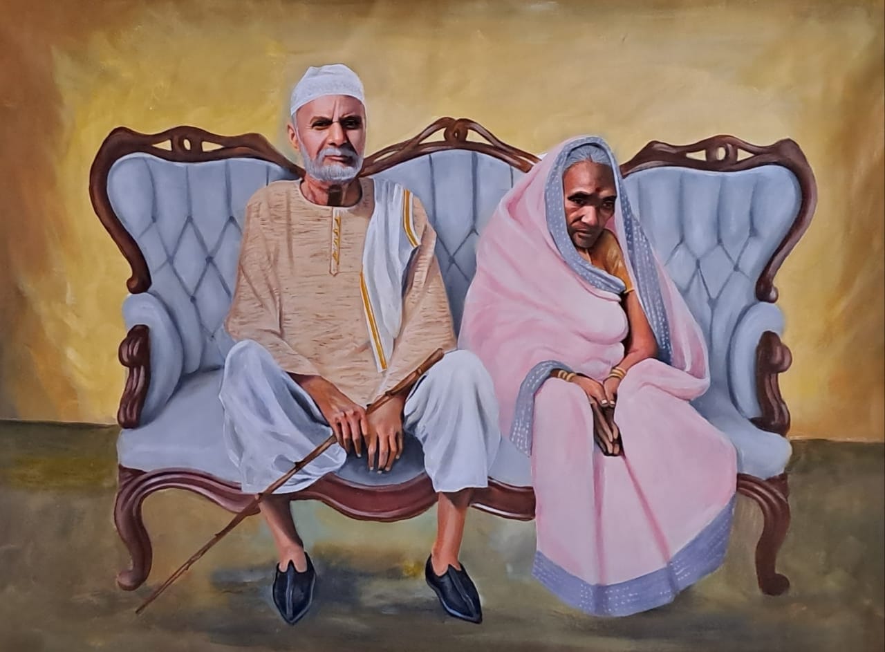 oil painting of grand parents sitting on sofa made from 100 year old photo