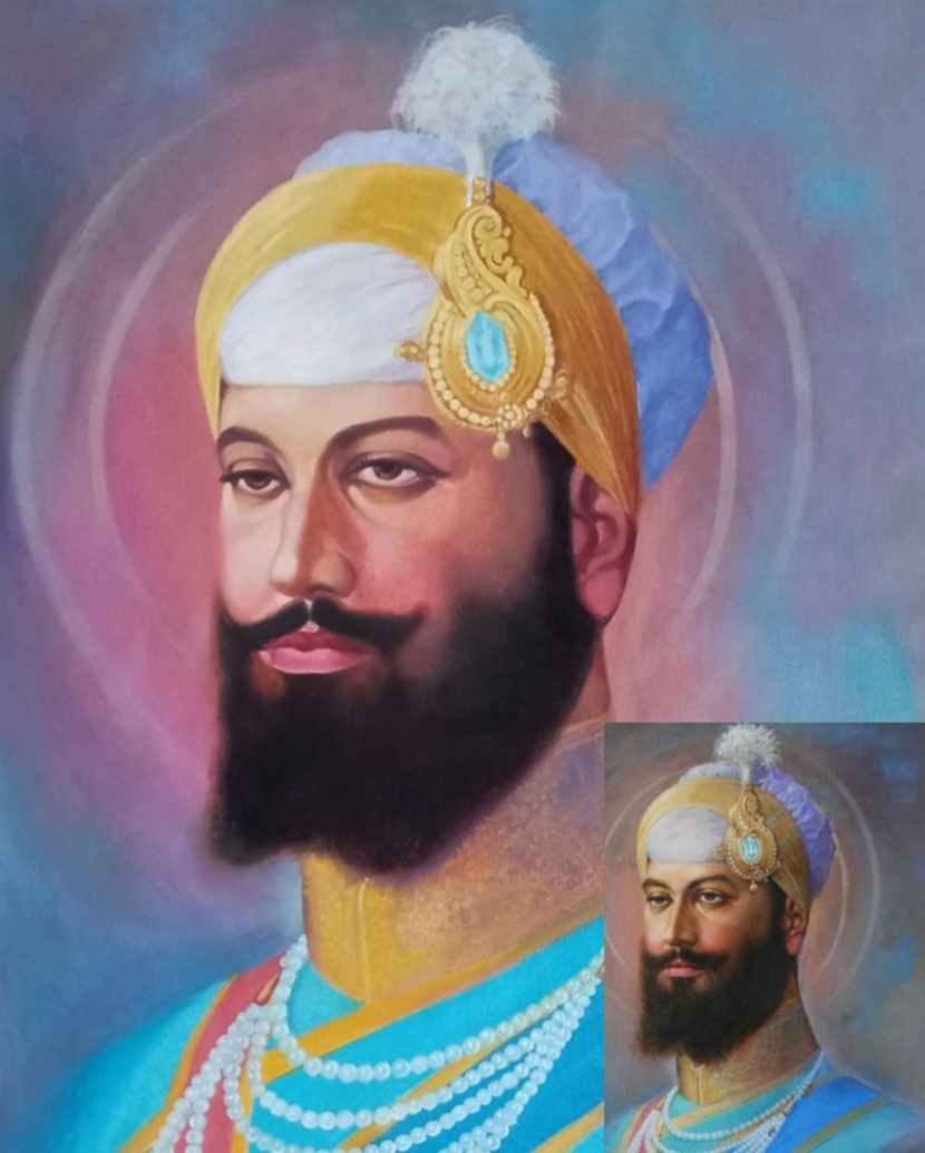 paintng of Sikh guru Hargobind Singh, oil painting, painting from photo, photo to painting, painting