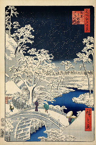 Hiroshige Drum bridge at Meguro and Sunset-Hill 1857, wikipedia commons, paintphotographs