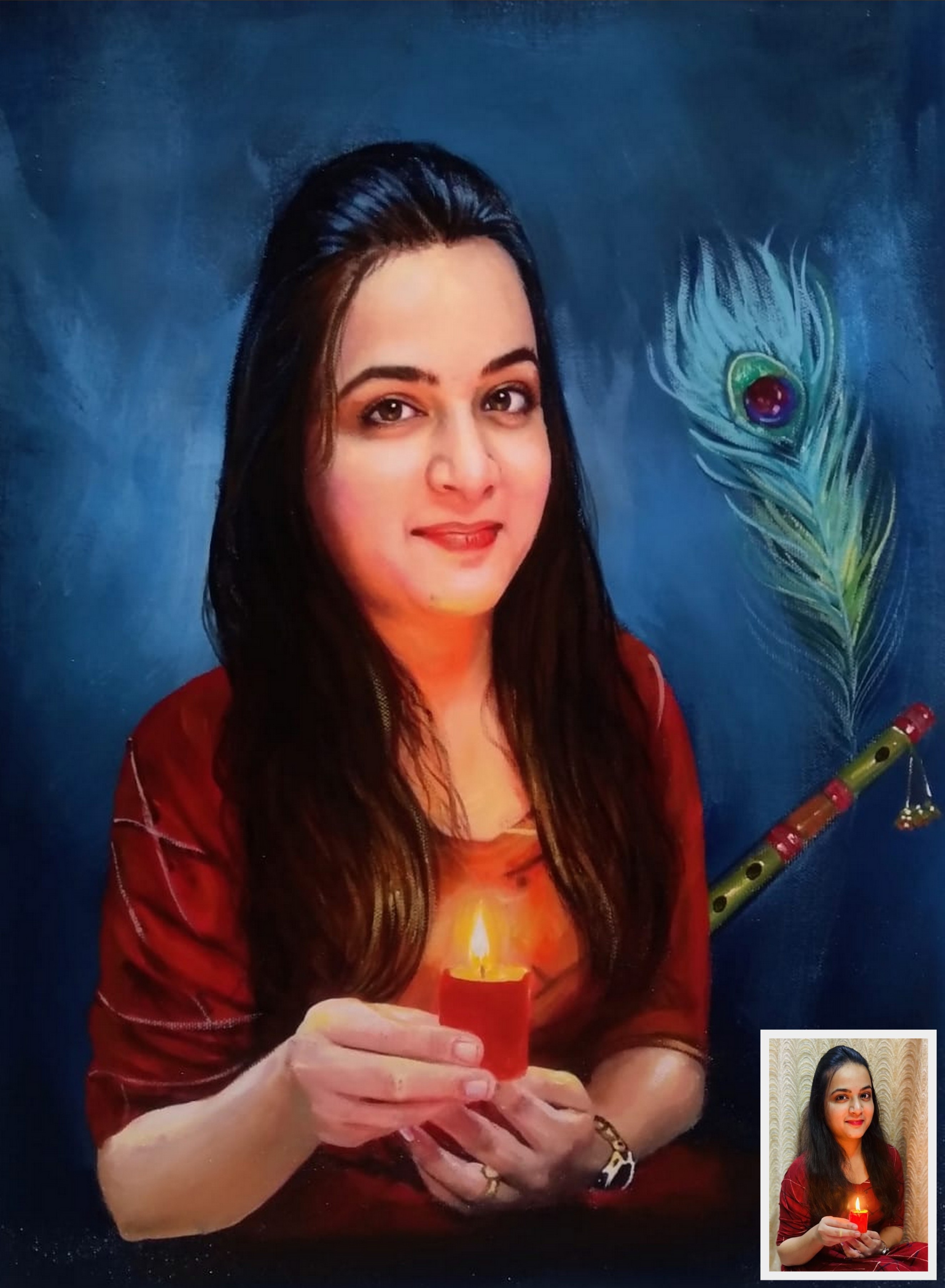 oil portrait painting, krishna motif painting, portrait painting from photo, young woman portrait 