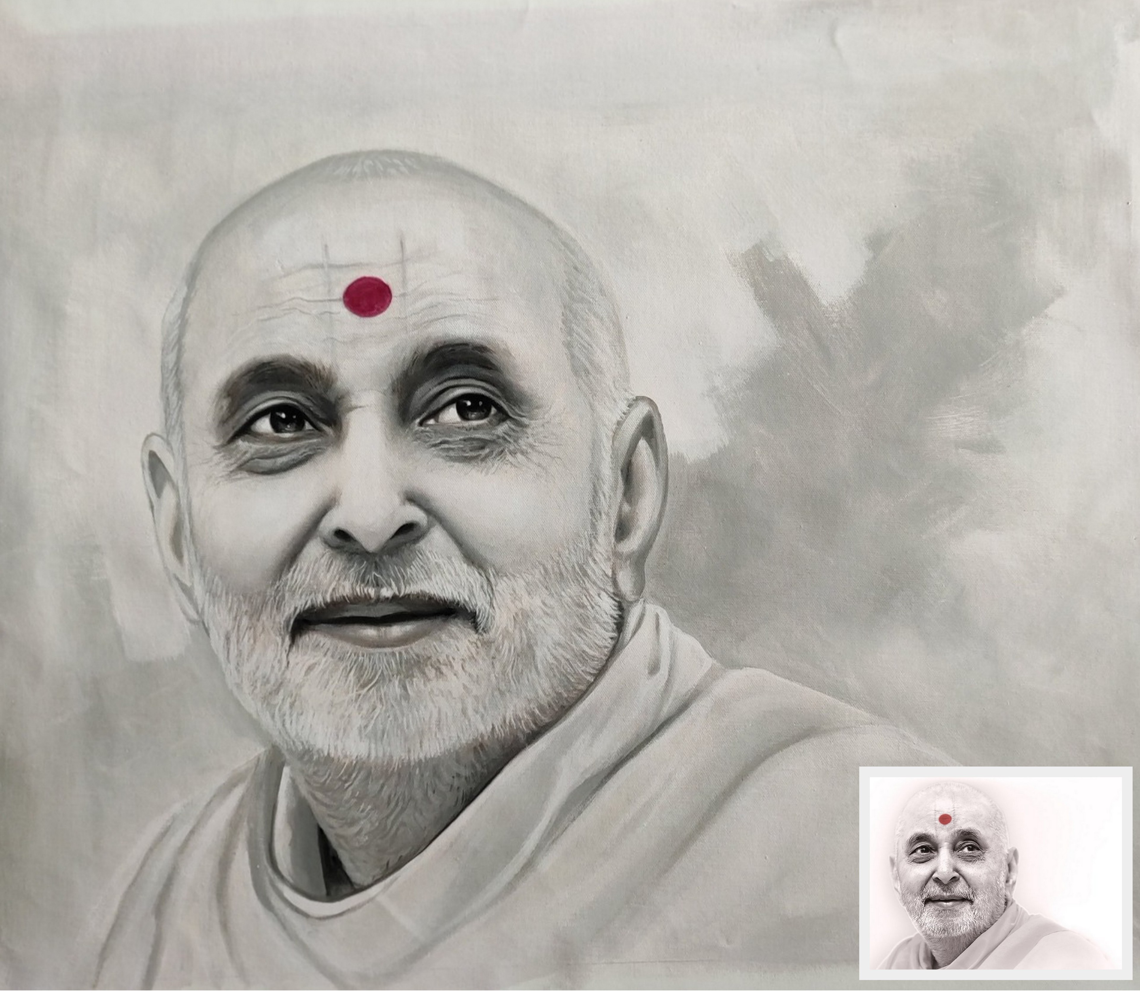 Pramukh Swami Maharaj of Swami Narayan Sanstha (BAPS) black and white memorial oil portrait painting 