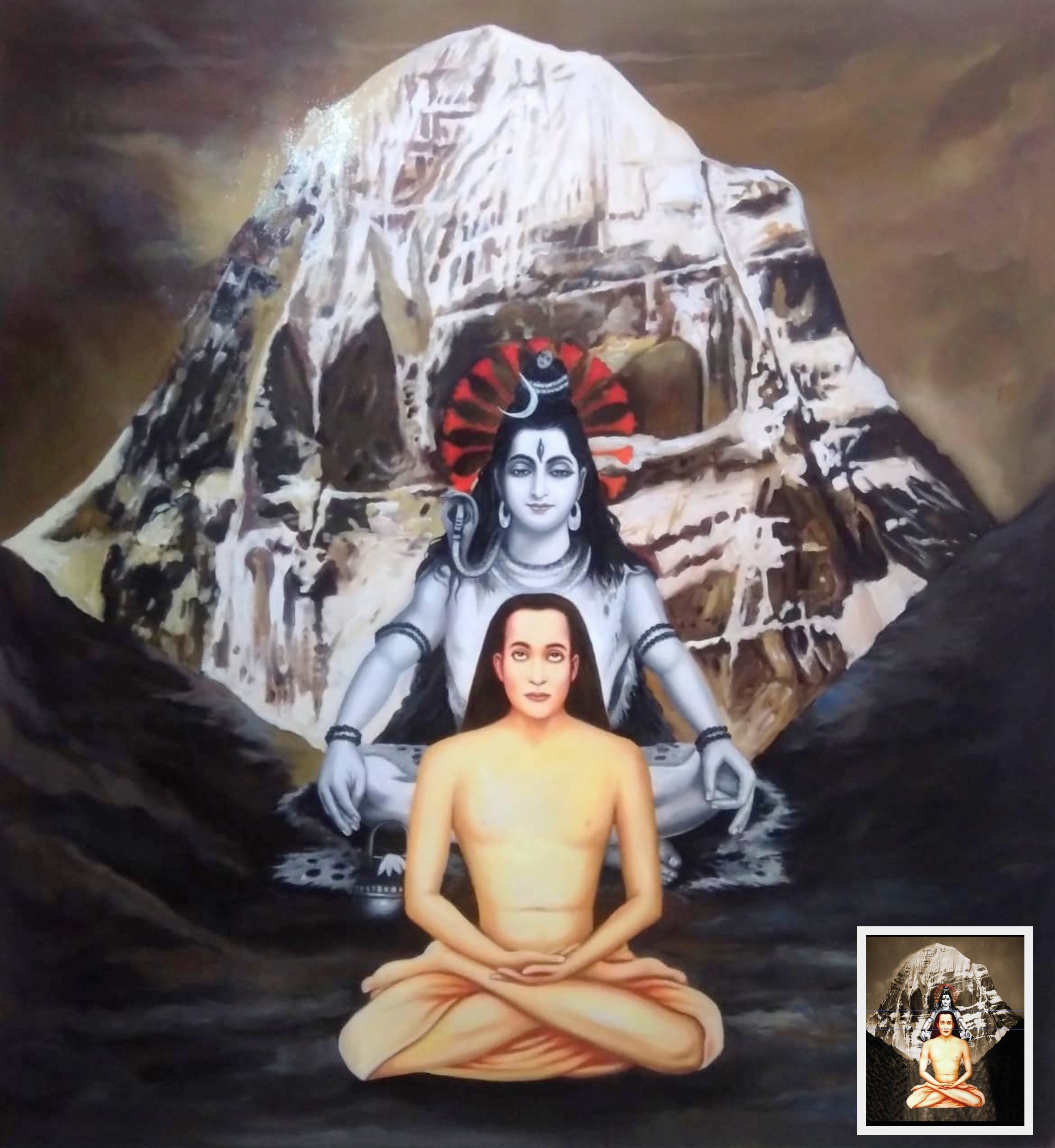 Mahavatar babaji painting, babaji portrait, oil portrait painting, shiva and babaji