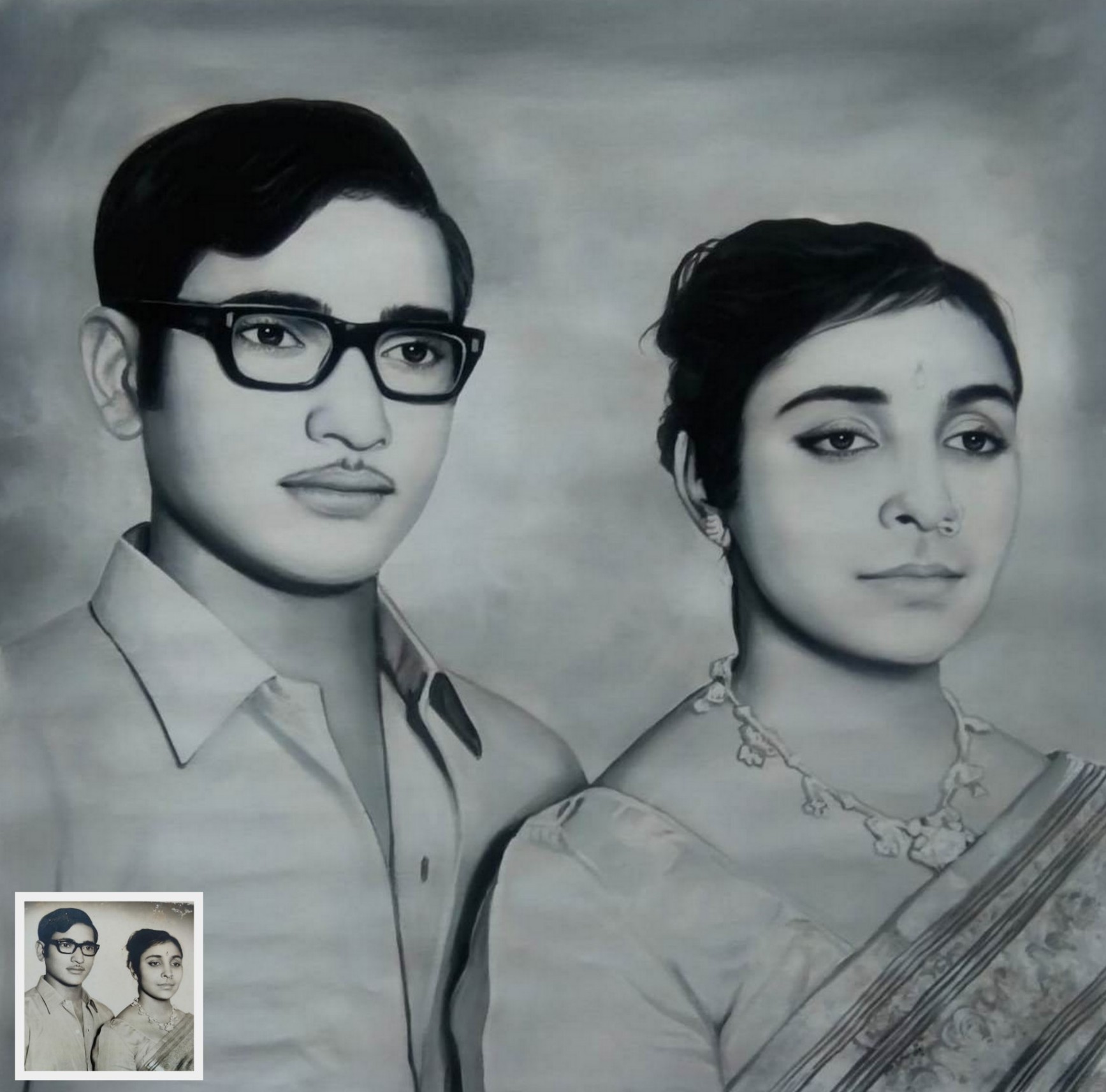 old photo to painting, black and white painting, couple portrait painting, black and white portrait 