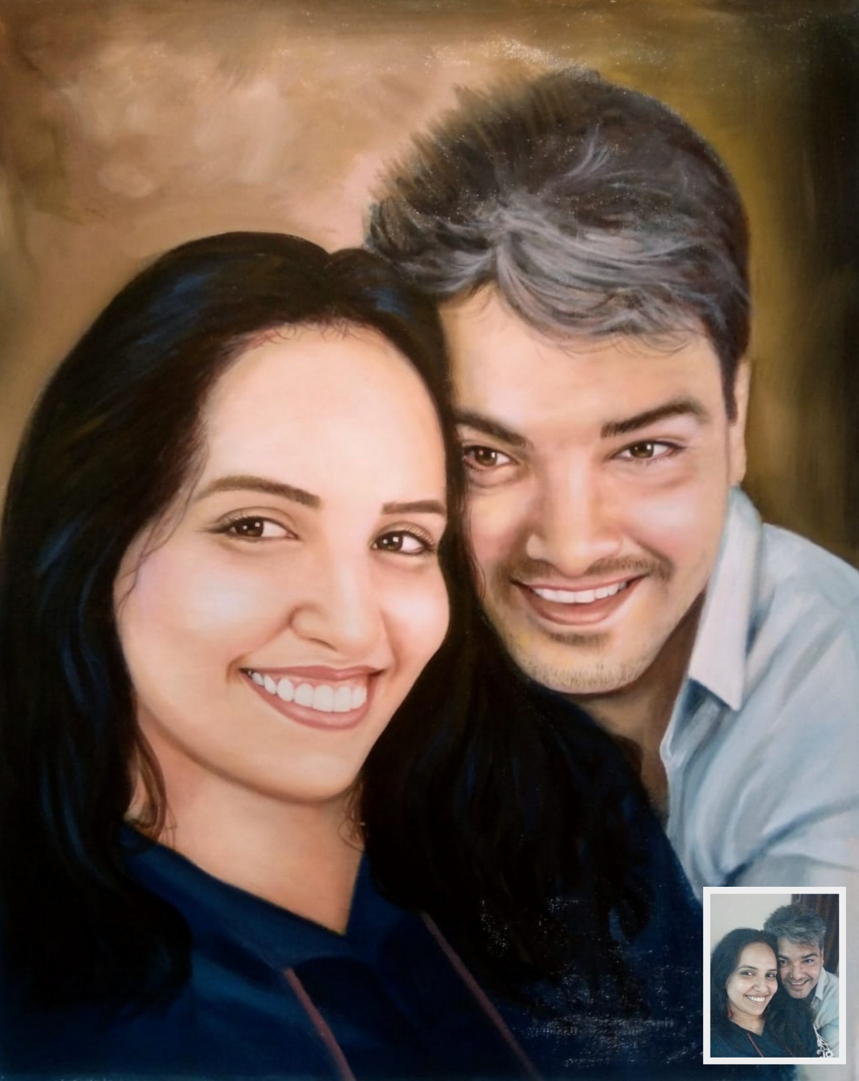 Portrait painting of smiling couple, painting from photo, photo to painting, oil painting portrait, 