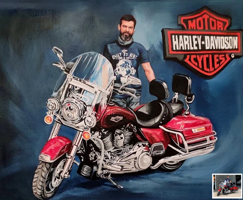 portrait painting of man with his bike, rider and his harley davidson painting, photo to painting