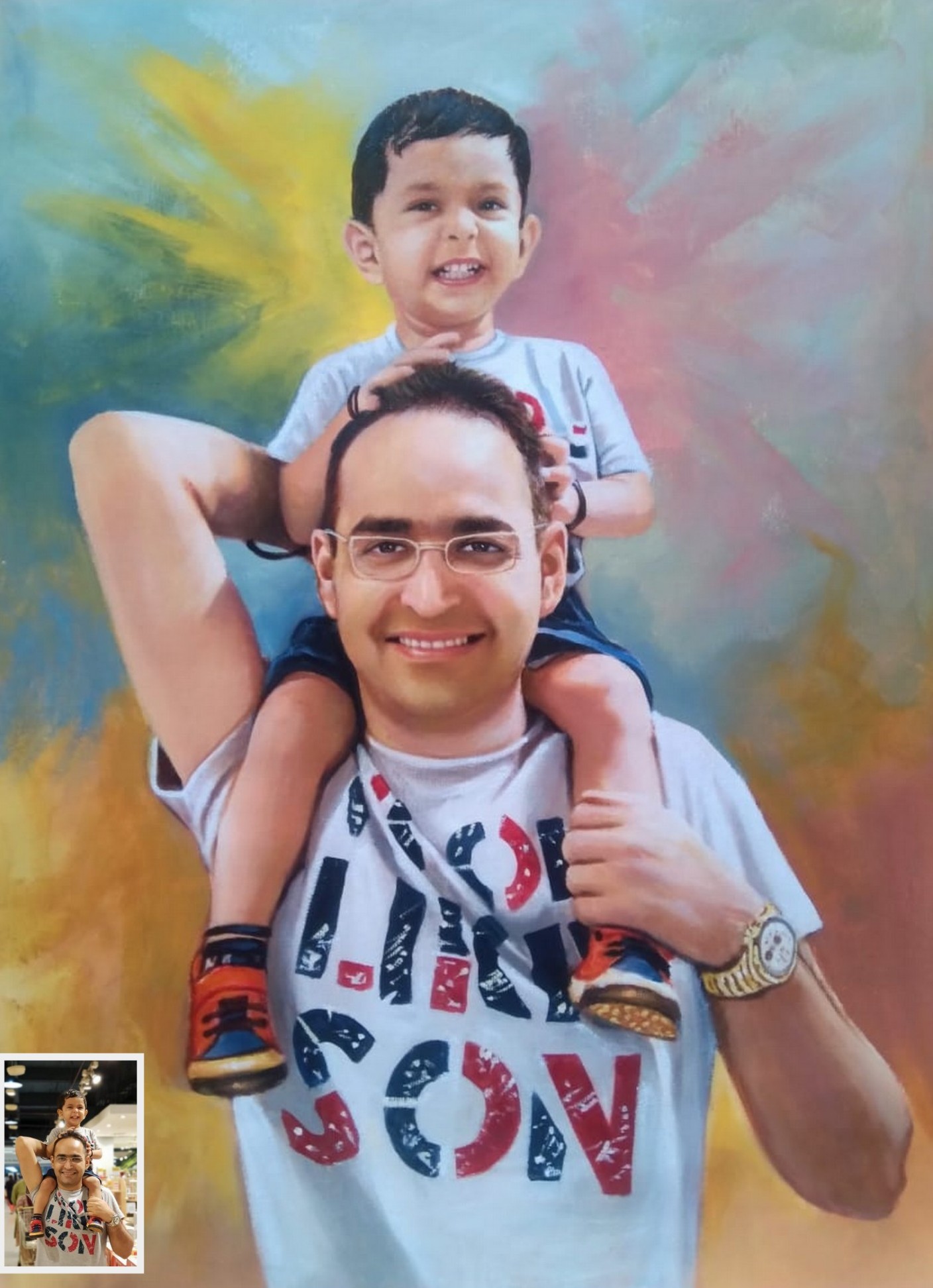 father and young son oil portrait painting from photo, daddy and child  photo into painting, 