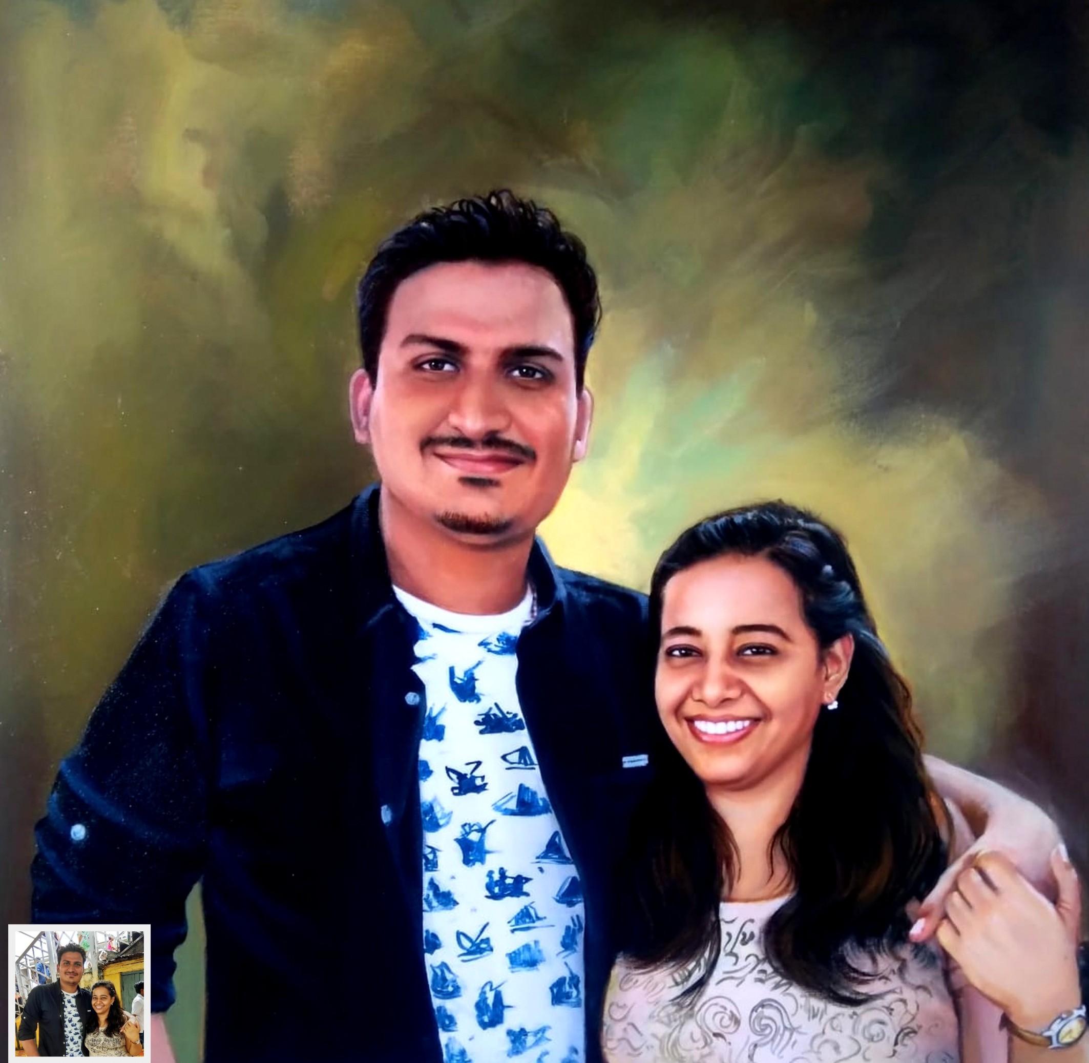 Happy couple oil portrait painting from photo with diffused background, photo to canvas painting, 