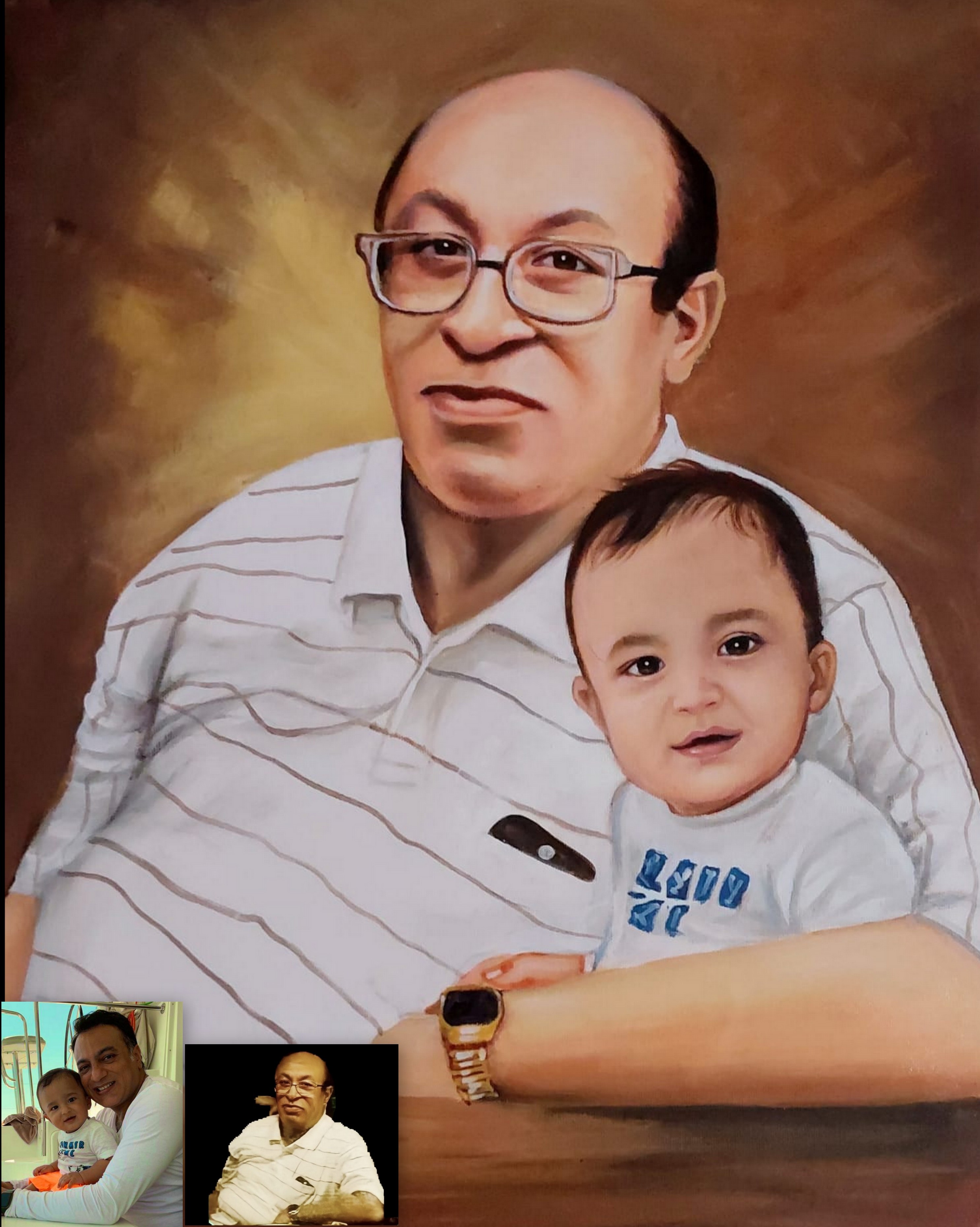 composite family painting of late grand father holding grandson, merged photo to painting, 
