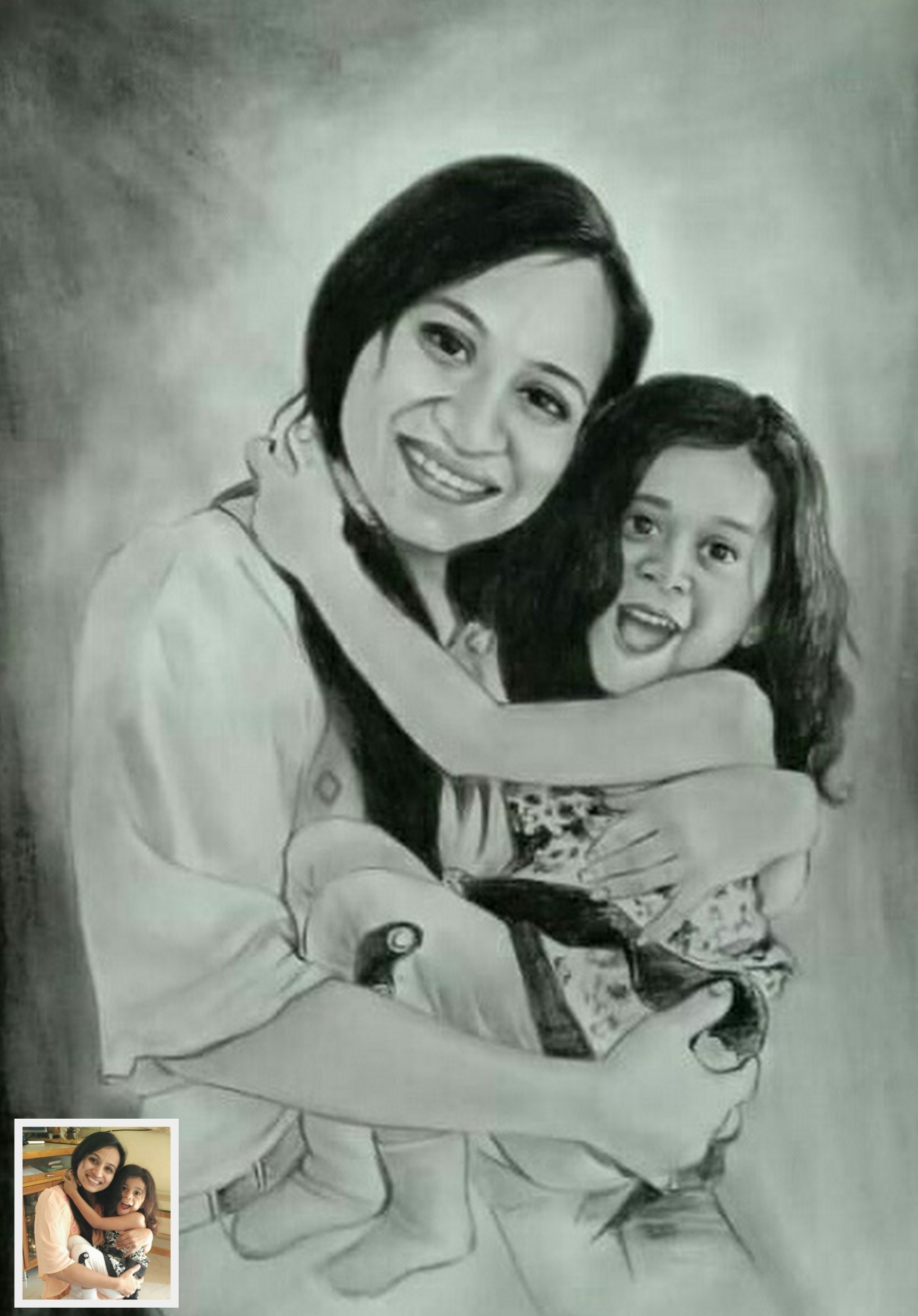 mother and little baby daughter portrait sketch, sketch artist near me, charcoal drawing, pencil art