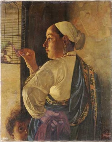 feeding the parrot oil portrait painting by pestonji bomanji, portrait artist, portrait painter