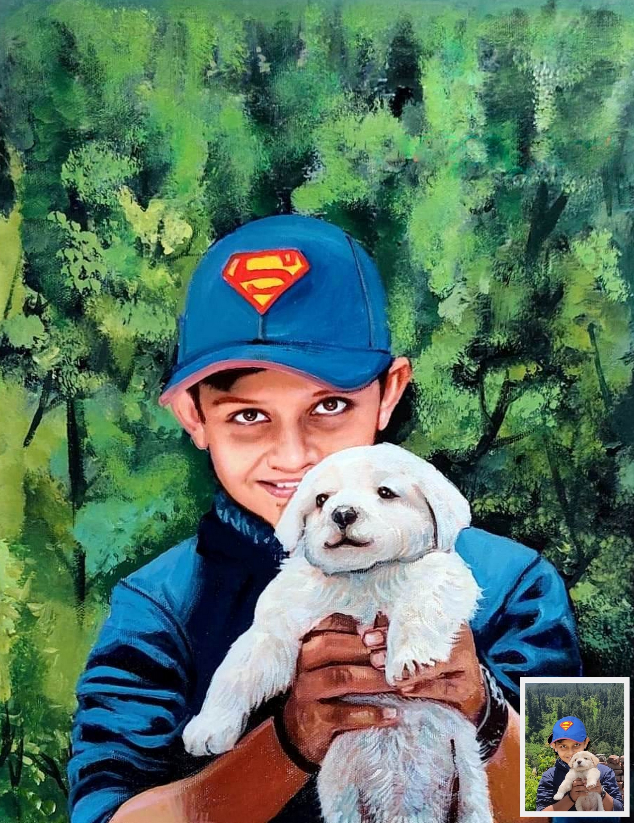 Painting of a child, dog portrait, pet portrait, dog in mountain, boy holding a dog