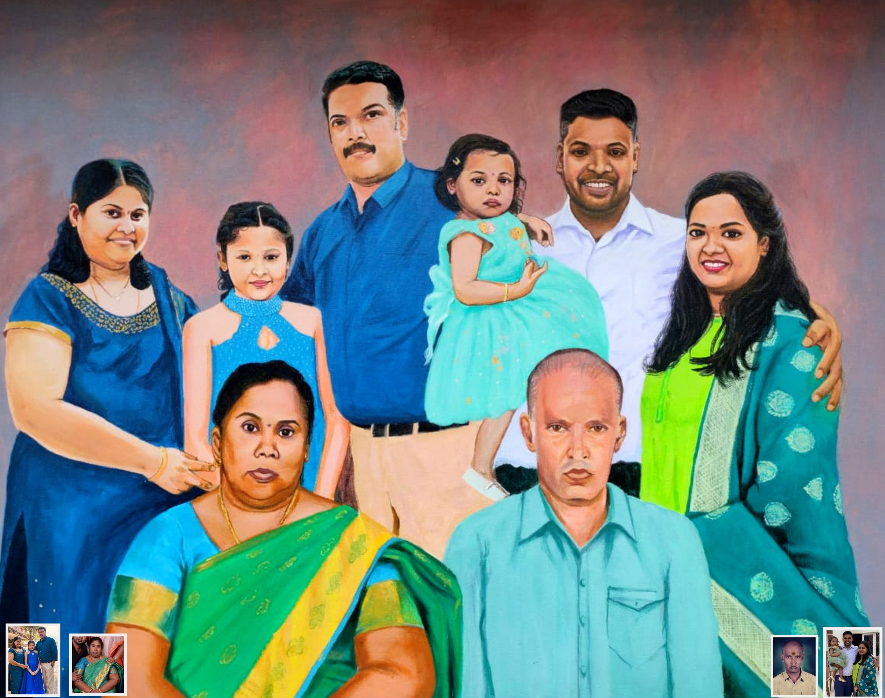 composite family painting from multiple photos, merged photo family painting, family painting   