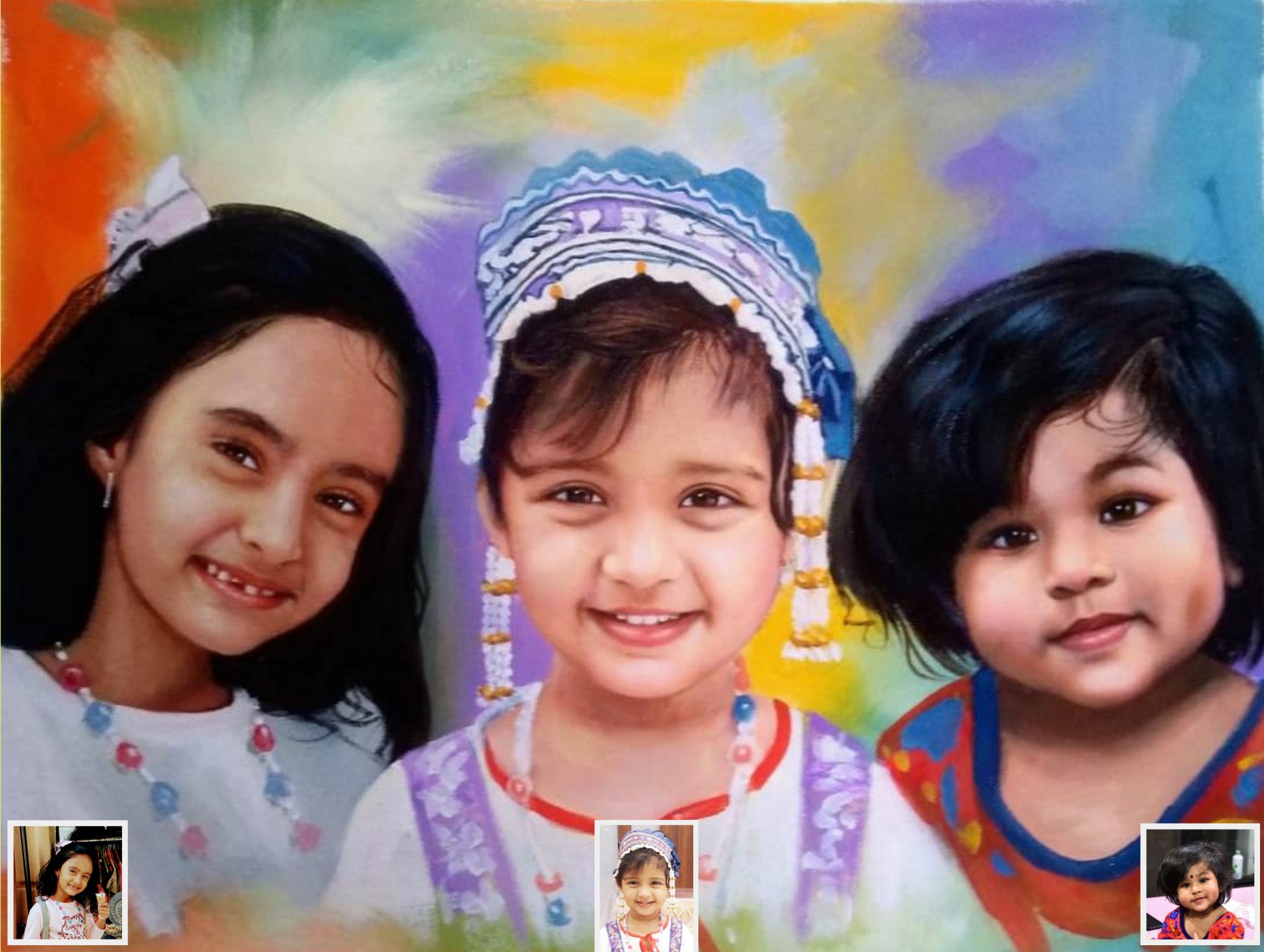 three little sisters oil painting canvas from photo, canvas painting artist near me, photo painting
