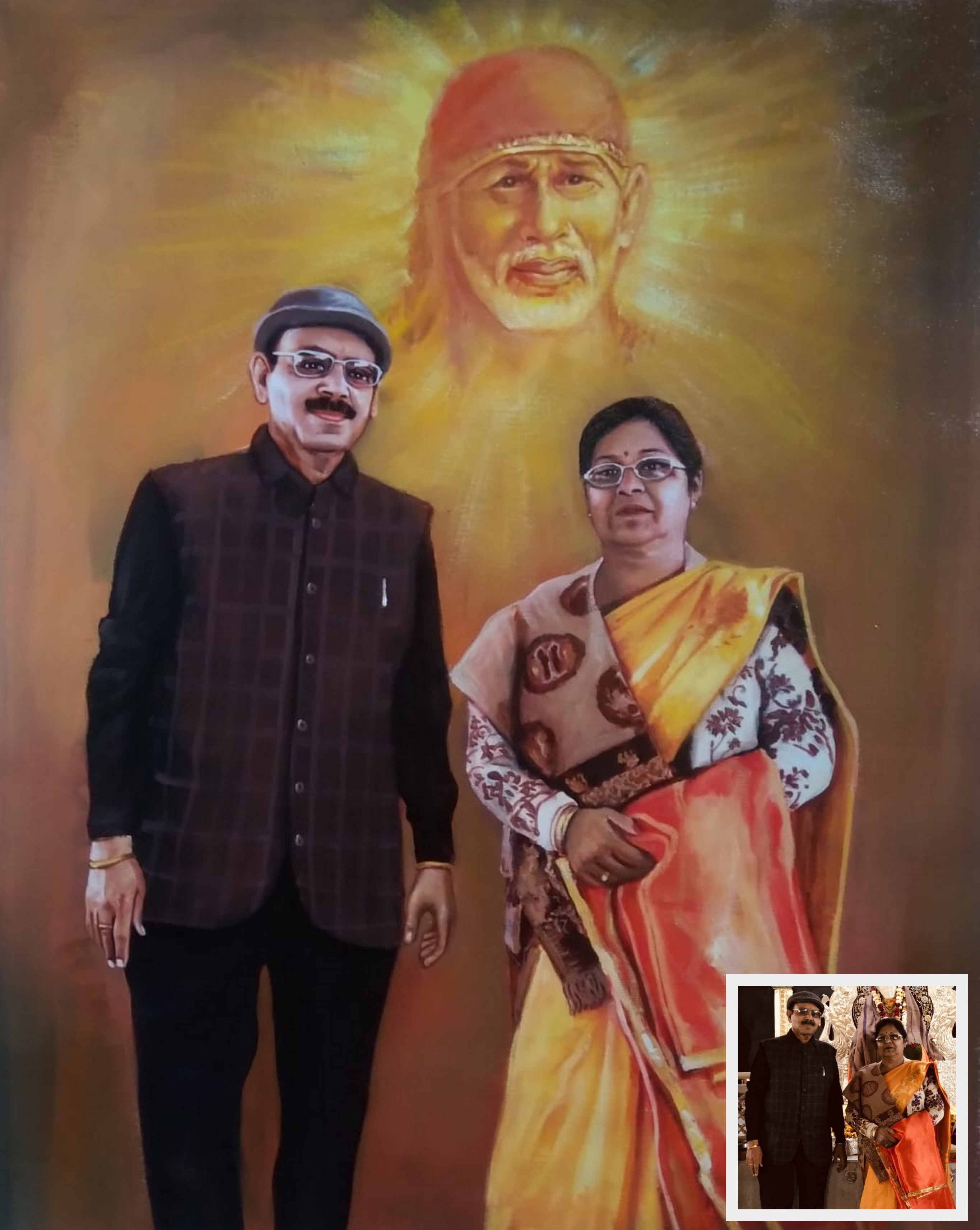 couple painting with saibaba, sai baba blessing couple painting, oil portrait painting, oil painting