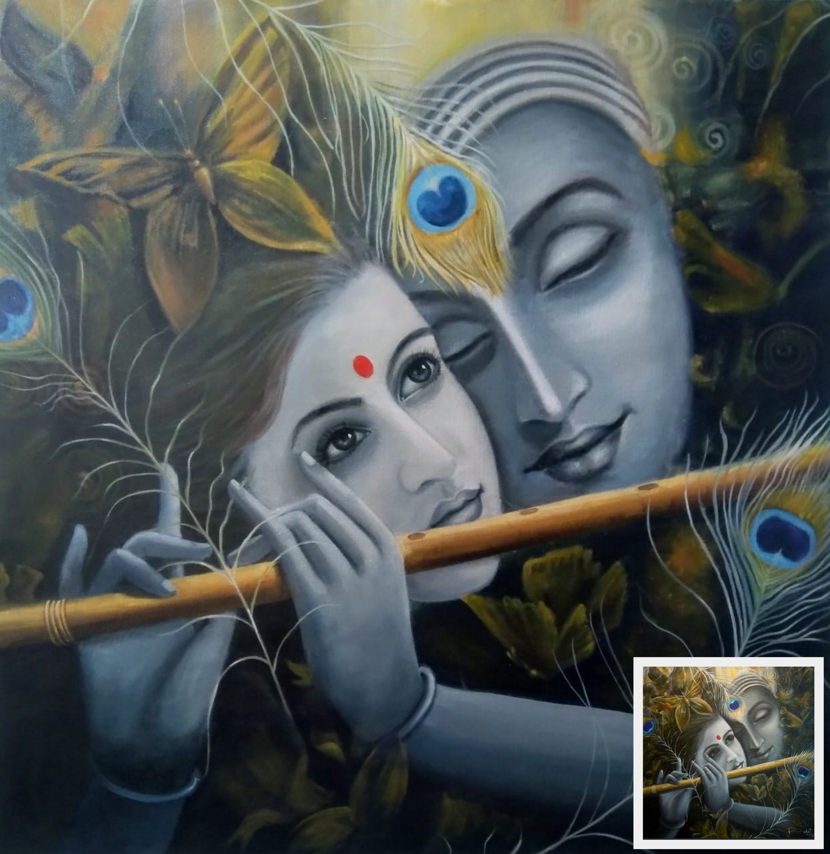 Radha Krishna Playing Flute Painting, Krishna painting, Krishna with Flute, Oil Painting