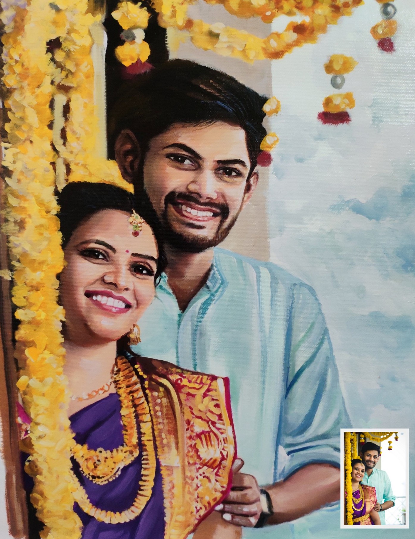 Young Indian couple in traditional attire, oil panting, portrait painting, painting from photo,