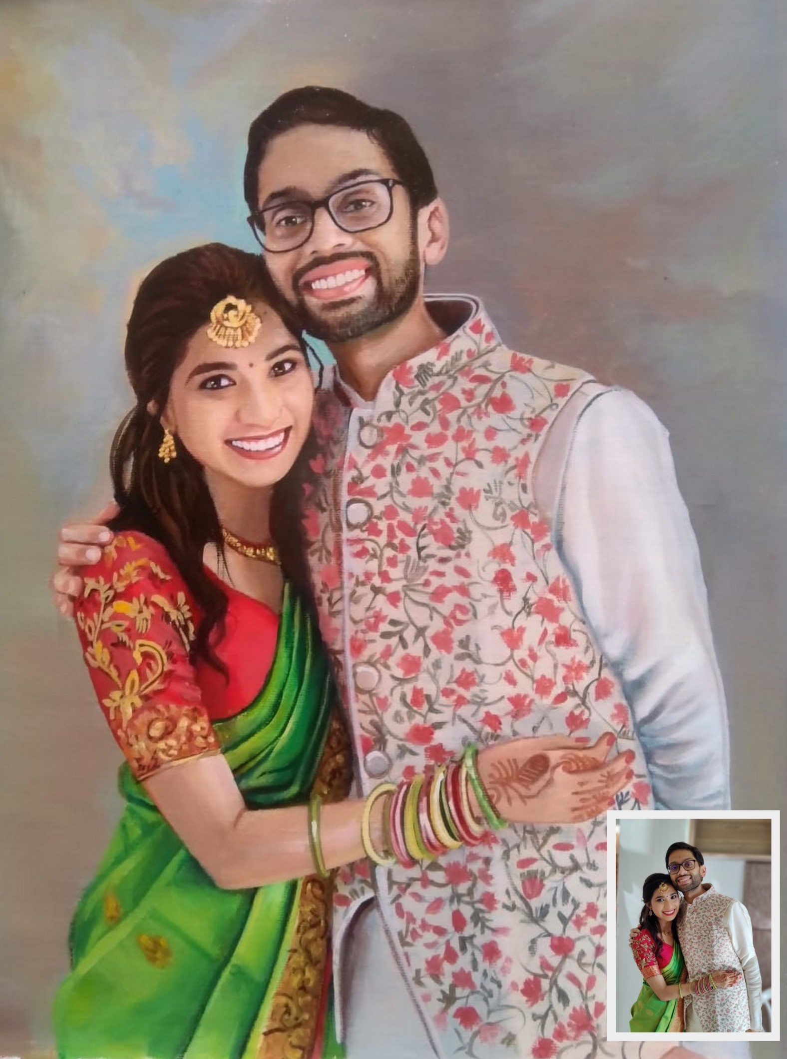 Young Indian couple portrait painting, oil portrait painting, painting from photo, photo to painting