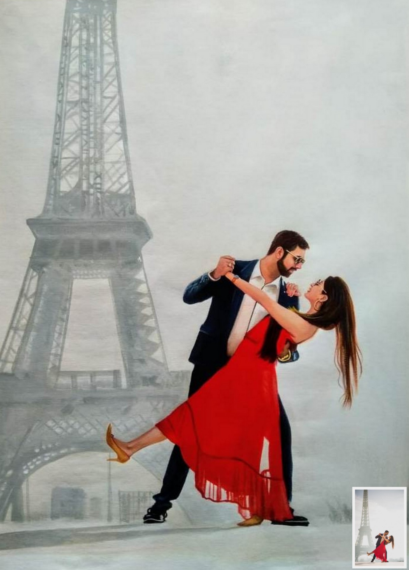 couple painting in front of Eiffel tower,  couple painting in Paris, unique anniversary gift