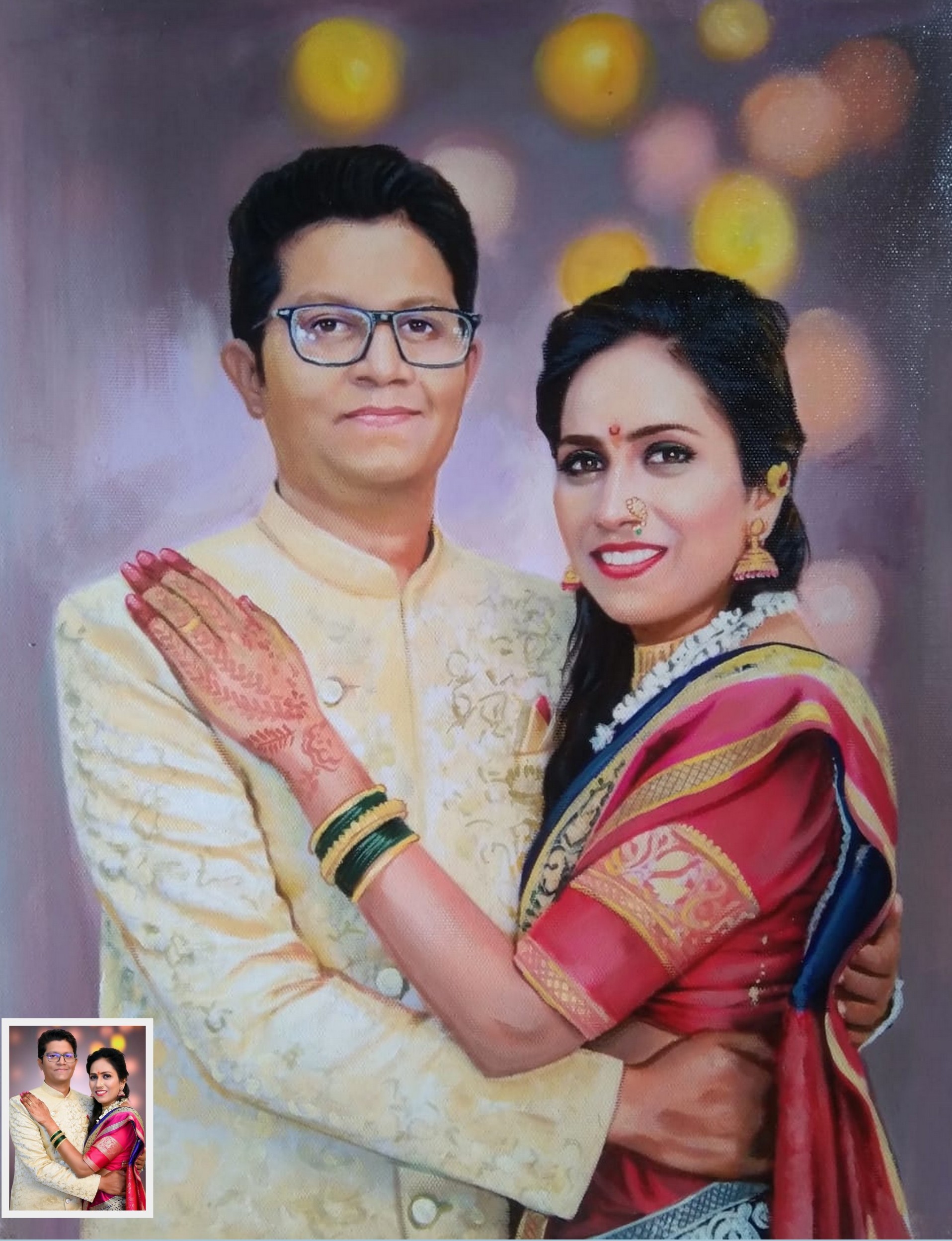 Indian couple oilpainting in traditional dress, painting of a photo, oil painter, portrait painting,