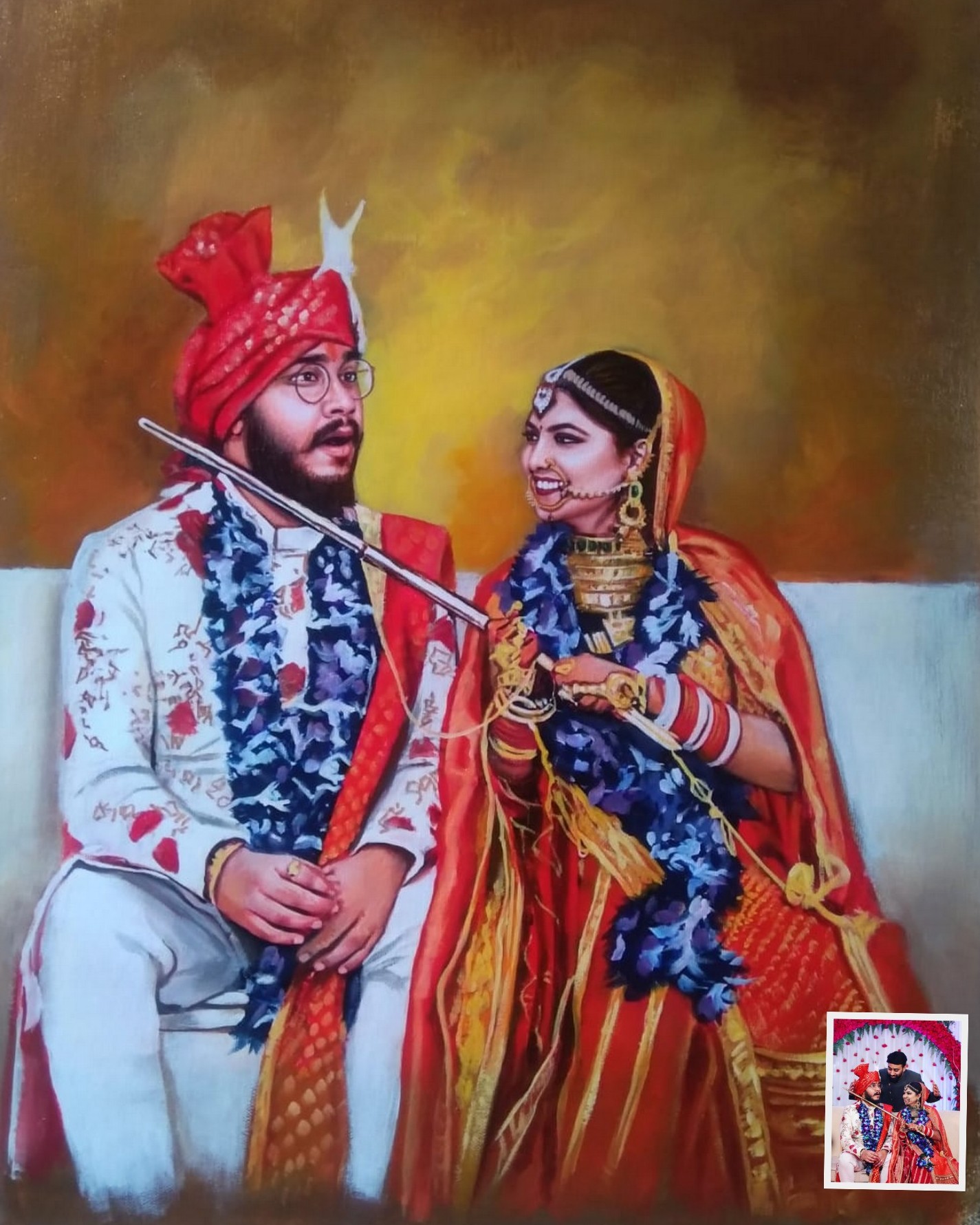 A playful Indian couple portrait  in wedding dress, wedding portrait painting, anniversary gift 